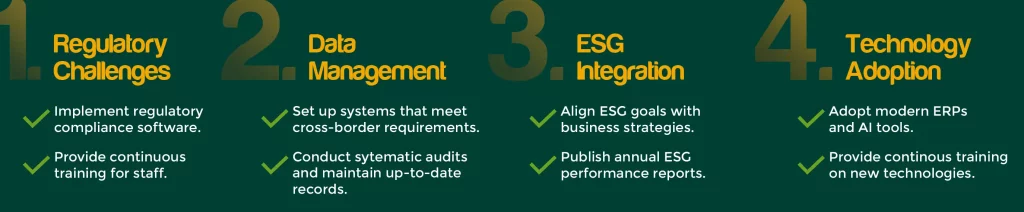 Four priorities for the future of healthcare: Regulatory Challenges, Data Management, ESG Integration, and Technology Adoption, each highlighting essential actions for 2025 readiness.