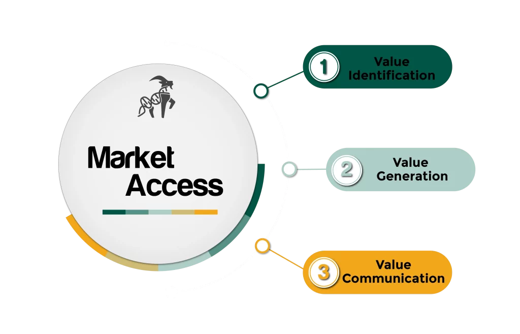 Image titled 'Market Access' featuring the 3 steps in market access work'1 - Value Identification, 2 - Value Generation, 3 - Value Communication' with the Life Science Services logo and #GoatConsultants™ branding, and the website life-sciences-services.com