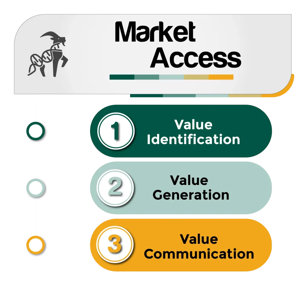 Image titled 'Market Access' featuring the 3 steps in market access work'1 - Value Identification, 2 - Value Generation, 3 - Value Communication' with the Life Science Services logo and #GoatConsultants™ branding, and the website life-sciences-services.com