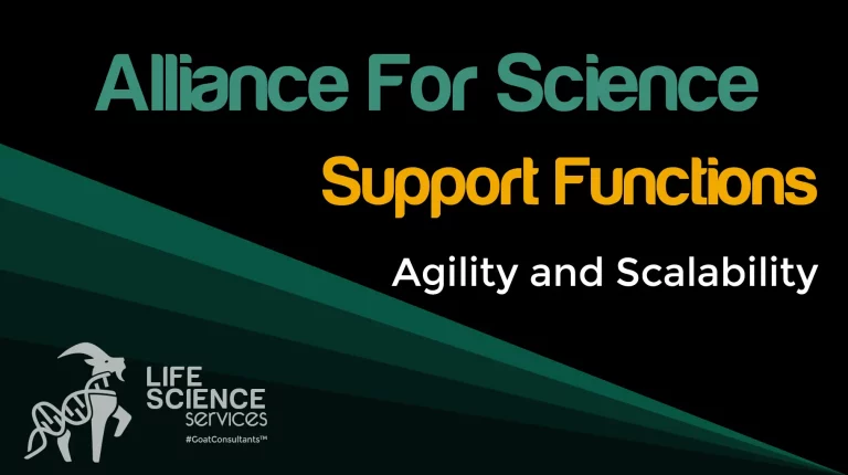 Image titled 'Alliance For Science' featuring the subtitle 'Support Functions, Agility and Scalability' with the Life Science Services logo and #GoatConsultants™ branding, and the website life-sciences-services.com