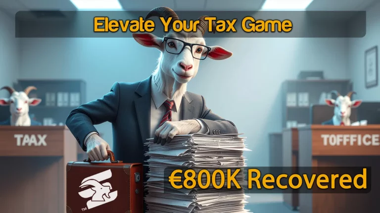 Cartoon goat accountant in office with tax documents and briefcase, representing €800K German VAT recovery for life sciences company.