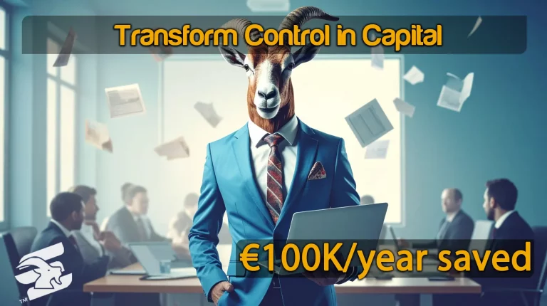 Business professional with GOAT head in a suit, symbolizing transformation and control in VAT compliance cost reduction.