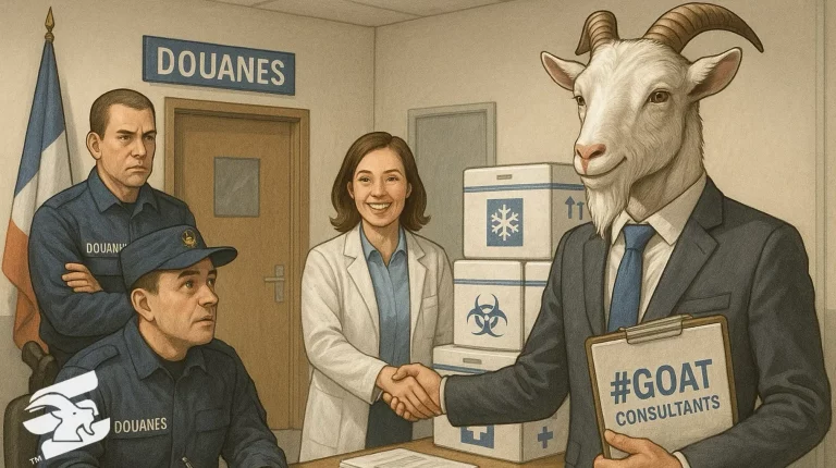 #GOATConsultants in suit shaking hands with lab scientist in customs office, resolving blocked biotech medicine shipment.