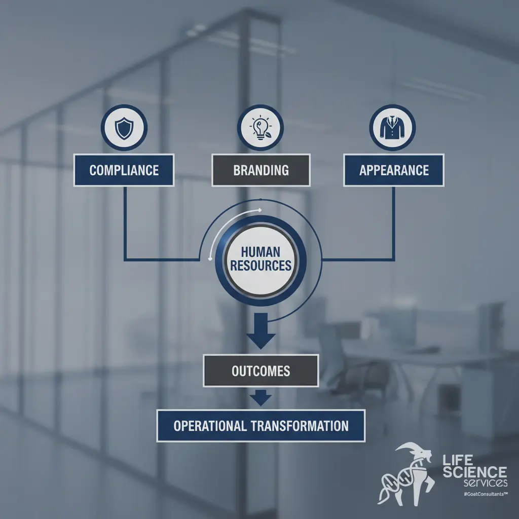 Human resources compliance, operational transformation, branding strategy, GxP regulatory alignment, pharma operations outcomes, biotech process optimization, medtech appearance standards, quality assurance lifecycle, life sciences organizational change.