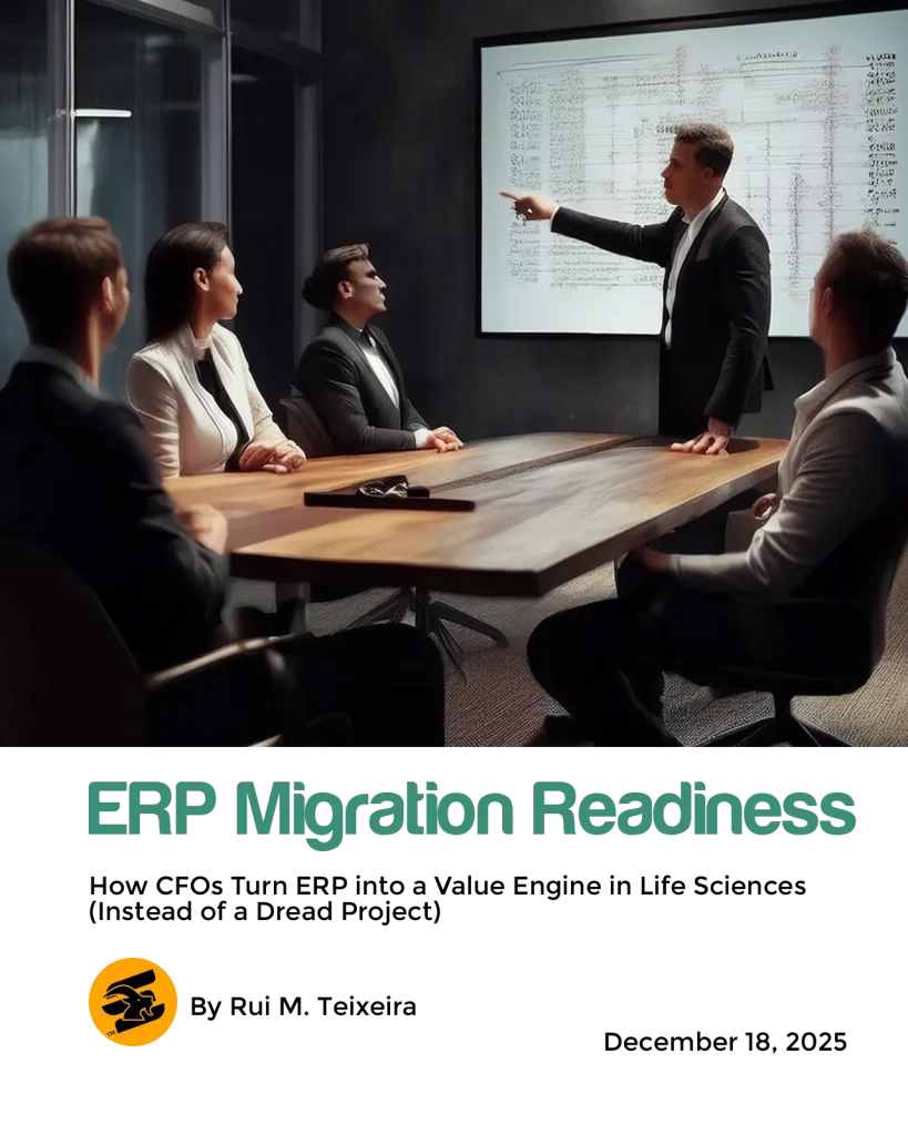 Image titled 'How CFOs Turn ERP into a Value Engine in Life Sciences' featuring concepts of innovation and ERP migration in the life sciences, pharma, biotech and medtech sectors,'' with the Life Science Services logo and #GoatConsultants™ branding, and the website life-sciences-services.com